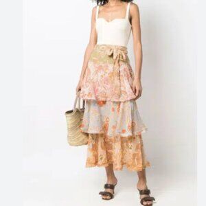 Zimmermann Multi Swirl Floral Tiered Flounce Midi Skirt
